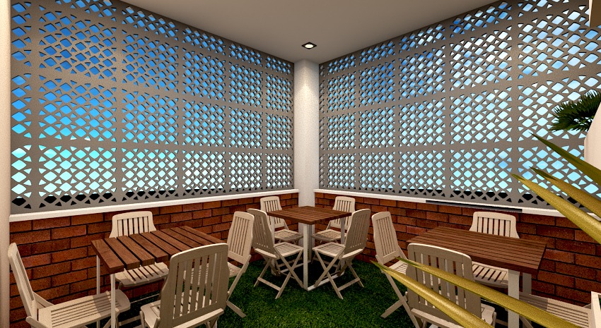 Office space with wooden wall and plant